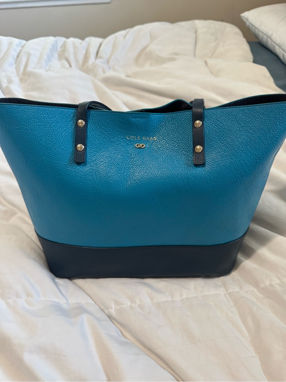 Cole Haan Teal and Black Pebbled Leather Tote